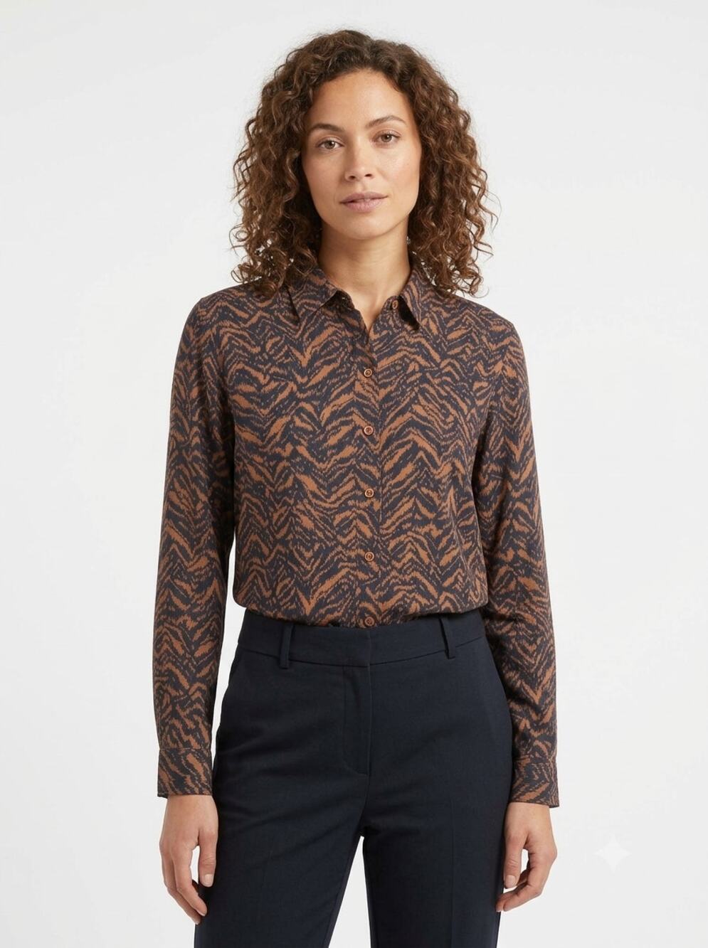 J. McLaughlin Betty Button Up Shirt M Women's Brown Black Tiger Animal Stretch